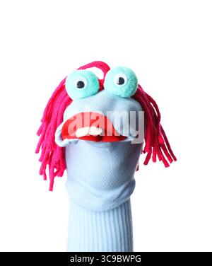 Funny sock puppet with hair isolated on white Stock Photo
