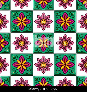 Seamless vector pattern with vibrant floral motifs in pink, purple, yellow, and orange, arranged in a checkered pattern against a white background, fe Stock Vector