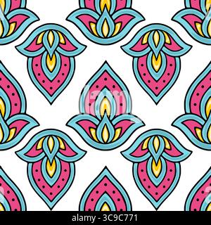 Seamless vector pattern with stylized floral paisley motifs in vibrant pink, light blue, and yellow, creating a cheerful and playful design ideal for Stock Vector