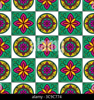 Seamless vector pattern with vibrant teal, yellow, and magenta floral motifs arranged in a repeating square and quarter-circle tile design, creating a Stock Vector
