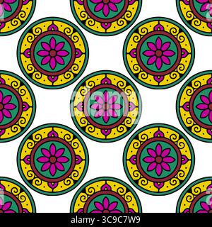 Seamless vector pattern with vibrant circular mandalas featuring fuchsia flowers, teal, yellow, and maroon accents, ideal for textile prints or decora Stock Vector