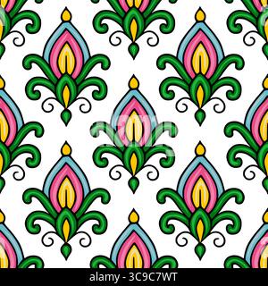 Seamless vector pattern with vibrant stylized floral elements in pink, yellow, green, and blue, creating a cheerful and playful design perfect for tex Stock Vector