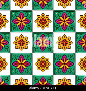 Vibrant vector seamless pattern featuring a cheerful mix of teal square floral motifs and round flower elements, creating a lively and festive design Stock Vector
