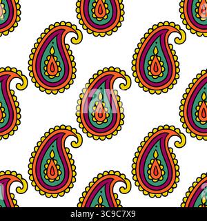Seamless vector pattern with vibrant paisley motifs in orange, purple, teal, and yellow, featuring intricate details and a playful, hand-drawn style, Stock Vector