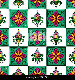 Seamless vector pattern with vibrant teal and white background featuring stylized floral motifs in bright yellow, red, pink, and purple hues, creating Stock Vector