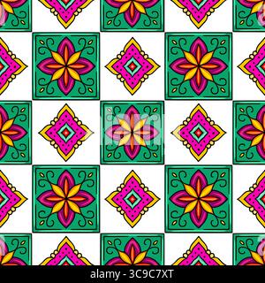 Vibrant vector seamless pattern with hand-drawn teal, pink, yellow and red stylized floral elements arranged in a checkered pattern, ideal for textile Stock Vector