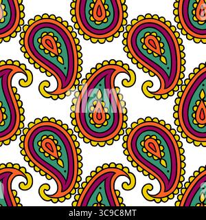 Seamless vector pattern with vibrant paisley motifs in orange, purple, and teal, featuring intricate swirling details and yellow accents on a white ba Stock Vector