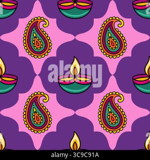 Festive Diwali Vector Seamless Pattern Vibrant Teal Diyas and Ornate Paisley Motifs on a Purple and Pink Background. Stock Vector