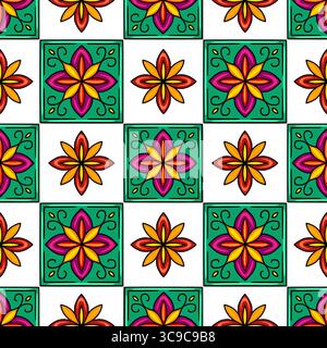 Seamless vector pattern with vibrant teal, orange, yellow, and purple stylized floral motifs arranged in a checkered pattern, creating a cheerful and Stock Vector