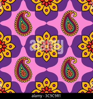 Vibrant vector seamless pattern featuring intricate paisley motifs and stylized floral elements in a bold color palette of pink, purple, orange, and y Stock Vector