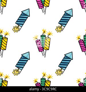 Festive Seamless Vector Pattern with Hand-Drawn Fireworks Rockets and Firecrackers in Vibrant Colors for Holiday Celebrations Stock Vector