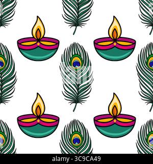 Seamless vector pattern featuring vibrant teal diyas with flaming wicks and detailed peacock feathers, creating a festive and exotic design ideal for Stock Vector