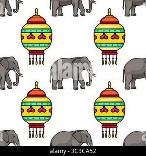 Seamless vector pattern featuring stylized elephants and vibrant, ornate lanterns, perfect for festive backgrounds or textile prints. Stock Vector