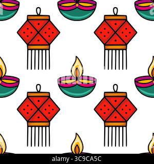 Seamless vector pattern featuring vibrant red lanterns and teal diyas with yellow flames, a festive design perfect for Diwali celebrations and Indian- Stock Vector