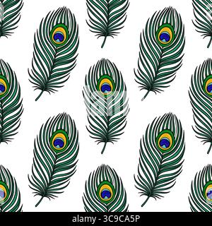 Seamless vector pattern of vibrant peacock feathers with detailed eyespots, set against a crisp white background, ideal for textile prints or decorati Stock Vector