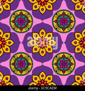 Vibrant vector seamless pattern with circular and floral mandala designs in bold yellow, purple, pink, and green, ideal for textile prints and festive Stock Vector