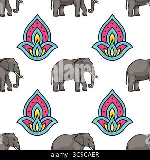 Seamless vector pattern featuring stylized elephants and vibrant floral paisley motifs in a repeating design, ideal for textile prints or festive back Stock Vector