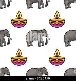 Seamless vector pattern featuring grey elephants and traditional Indian diyas (oil lamps), creating a festive and celebratory design ideal for Diwali Stock Vector