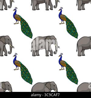 Seamless vector pattern featuring majestic elephants and vibrant peacocks, creating a rich tapestry of Indian wildlife. Stock Vector