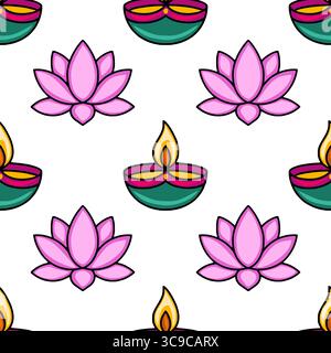 Seamless vector pattern featuring vibrant pink lotus flowers and teal diya lamps with flickering flames, creating a festive and celebratory design ide Stock Vector