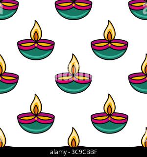 Festive Seamless Vector Pattern of Teal and Magenta Diyas with Bright Yellow Flames, Ideal for Diwali Celebrations and Indian-Themed Designs. Stock Vector