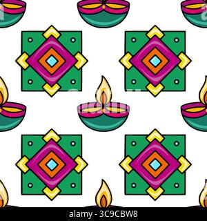Festive Seamless Vector Pattern with Colorful Diyas and Geometric Tiles, Ideal for Diwali or Indian-Themed Designs Stock Vector