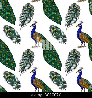 Seamless vector pattern featuring vibrant peacocks and detailed feathers in a repeating design, ideal for textile prints and decorative backgrounds. Stock Vector