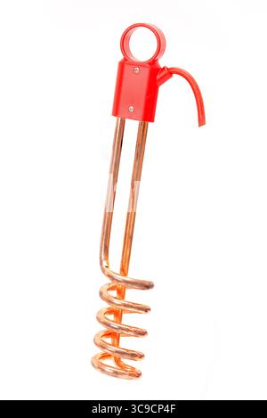 Copper immersion water heater with red plastic handle isolated on white background, used for quick water heating. Stock Photo