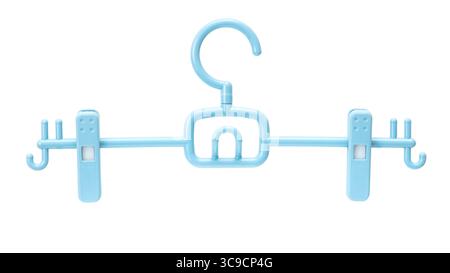 Blue plastic clothes hanger with clips and hooks isolated on white background, suitable for garment hanging. Stock Photo