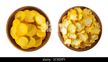 Yellow zucchini fresh and dried isolated on white background. Two bowls of yellow zucchini. One bowl of fresh zucchini, another bowl of dried zucchini Stock Photo