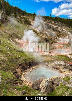 Pools of boiling water in the landscape in the Myvatn park. Iceland ...