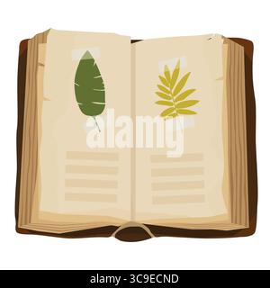 Open book with dried flowers and leaves, herbarium. Cozy autumn. For education, botany, biology, learning, school, and natural science. Vector illustr Stock Vector