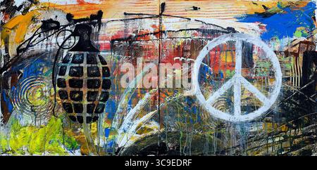 Acrylic painting titled War and Peace, created by U.S. Air Force Staff Sgt. Jamal D. Sutter on two 24x24 inch canvases. Completed on December 8, 2014, the piece contrasts the imagery of a hand grenade and a peace symbol to explore the tension between conflict and harmony. Stock Photo