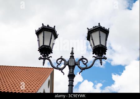Elegant vintage-style black street lamp against cloudy sky and traditional roof, architectural detail Stock Photo