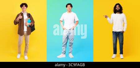 Diverse group of young people posing together in vibrant backgrounds Stock Photo