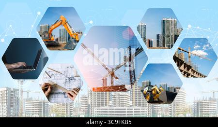 Construction Background. Various aspects of modern construction and urban development. The image includes cranes, excavators, building blueprints, high-rise construction sites, and digital planning all presented in a tech-inspired layout with hexagonal photo frames. This concept reflects smart building technologies, digital project management, architecture, civil engineering, and urban transformation. Ideal for illustrating themes of infrastructure growth, smart cities, and innovative development strategies.  Stock Photo