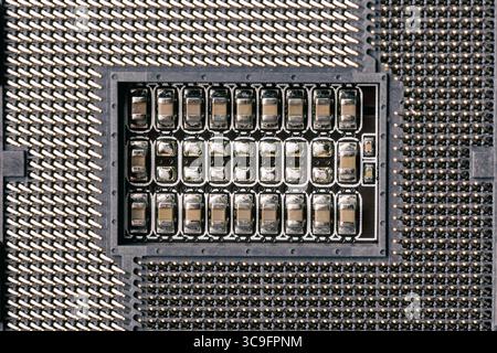 CPU socket of computer. Close up image with selective focus and top view. Stock Photo