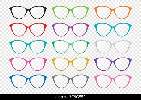 Vector Colorful Eyeglass Frames Icon Set, Isolated. Fashion Glasses, Trendy Optical Eyewear, Spectacles Collection. Modern Eyeglass Frame Design for Stock Vector
