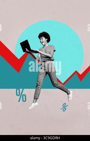 Poster template collage of worker person use netbook with picture lines analysis percent on grey background Stock Photo