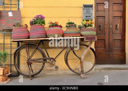 162 Colorful baskets serving as planters with flowers adorn the facade of a house on Via Vittorio Emanuele Street. Castiglione del Lago-Umbria-Italy. Stock Photo