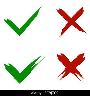 Checkmark cross symbols. Brush stroke marks. Green red approval icons. Vector success fail. Stock Vector