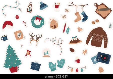 Collection of festive winter holiday icons including sweater, mittens, Christmas tree, gifts, cookies, and seasonal decorations, ideal for seasonal design projects and crafts vector illustration Stock Vector