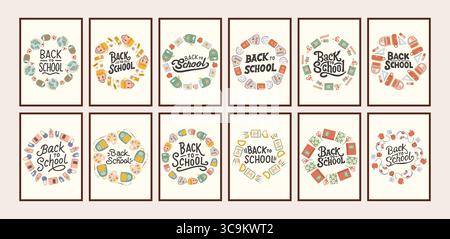 Back to school simple poster big set. Trendy school banners, backgrounds. Modern design with school supplies, education stickers, doodle. Back to Stock Vector