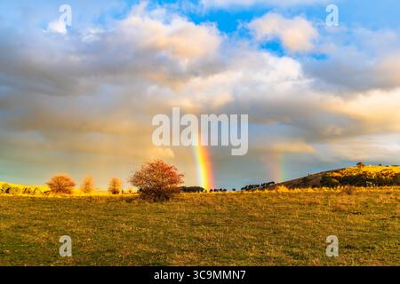 Rainbow over the countryside at Blayney in the Central West of NSW, Australia. Stock Photo