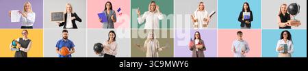 Collage with many teachers on color background Stock Photo