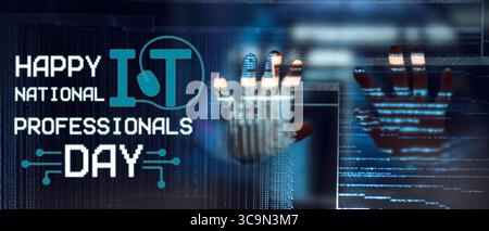 Programmer using virtual screen on dark background. National IT Professionals Day Stock Photo