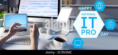 Female programmer's hands with eyeglasses at workplace in office. National IT Professionals Day Stock Photo