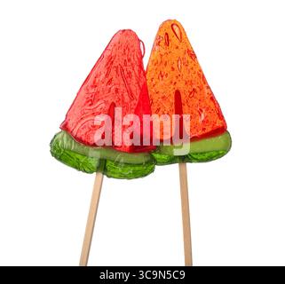 Lollipops in shape of watermelon slice on white background Stock Photo