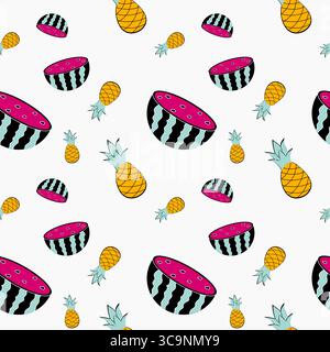 Colorful fruit pattern featuring watermelons and pineapples on a light background Stock Vector