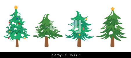 Green Christmas tree vector element collection with snow, xmas balls and stars decoration elements Stock Vector